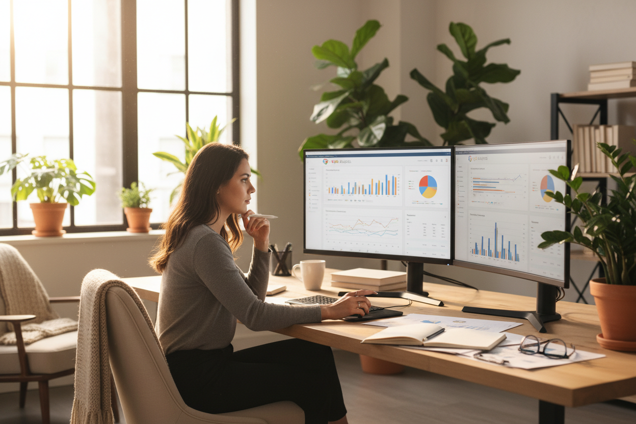 Realistic young SEO professional analyzing website traffic reports on screen, bright indoor light, cozy modern workspace, detailed computer screens and papers
